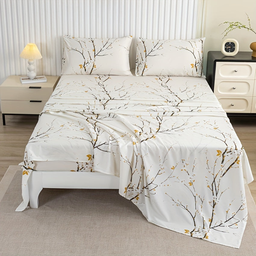 Floral Branch Fitted Sheet Set with 4 pieces, made of soft microfiber with deep pocket fitted sheet and included pillowcases. No core.