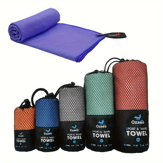 Highly absorbent microfiber travel towel with quick-dry feature, comes in a lightweight mesh bag. Ideal for camping, sports, beach, hiking, yoga, golf, and pickleball.