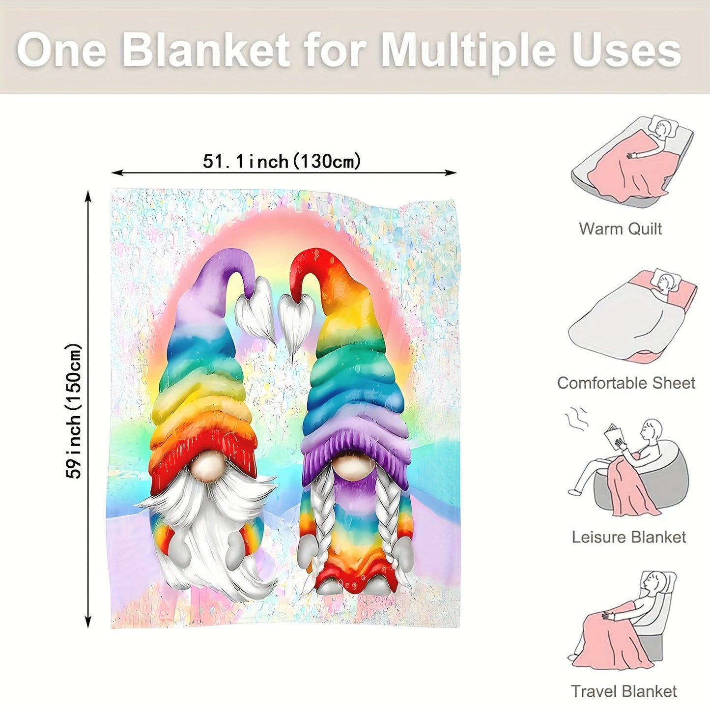 This cozy 1PC Contemporary Cartoon Gnome Throw Blanket is perfect for any sofa or bedroom. It is machine washable, stain resistant, and made of soft and warm knitted polyester. This decorative blanket can be used all year round and is ideal for travel