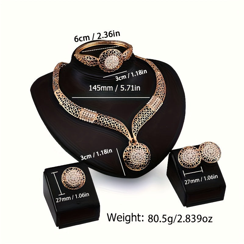 Golden Bangle, Necklace, Earrings, & Ring Set with Rhinestones inspired by Middle Eastern Bridal Jewelry, Perfect for Wedding & Mother's Day Gifts