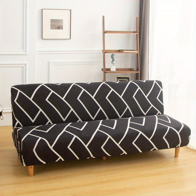 Printed armless futon slipcover to protect furniture in a bedroom, office, or living room.