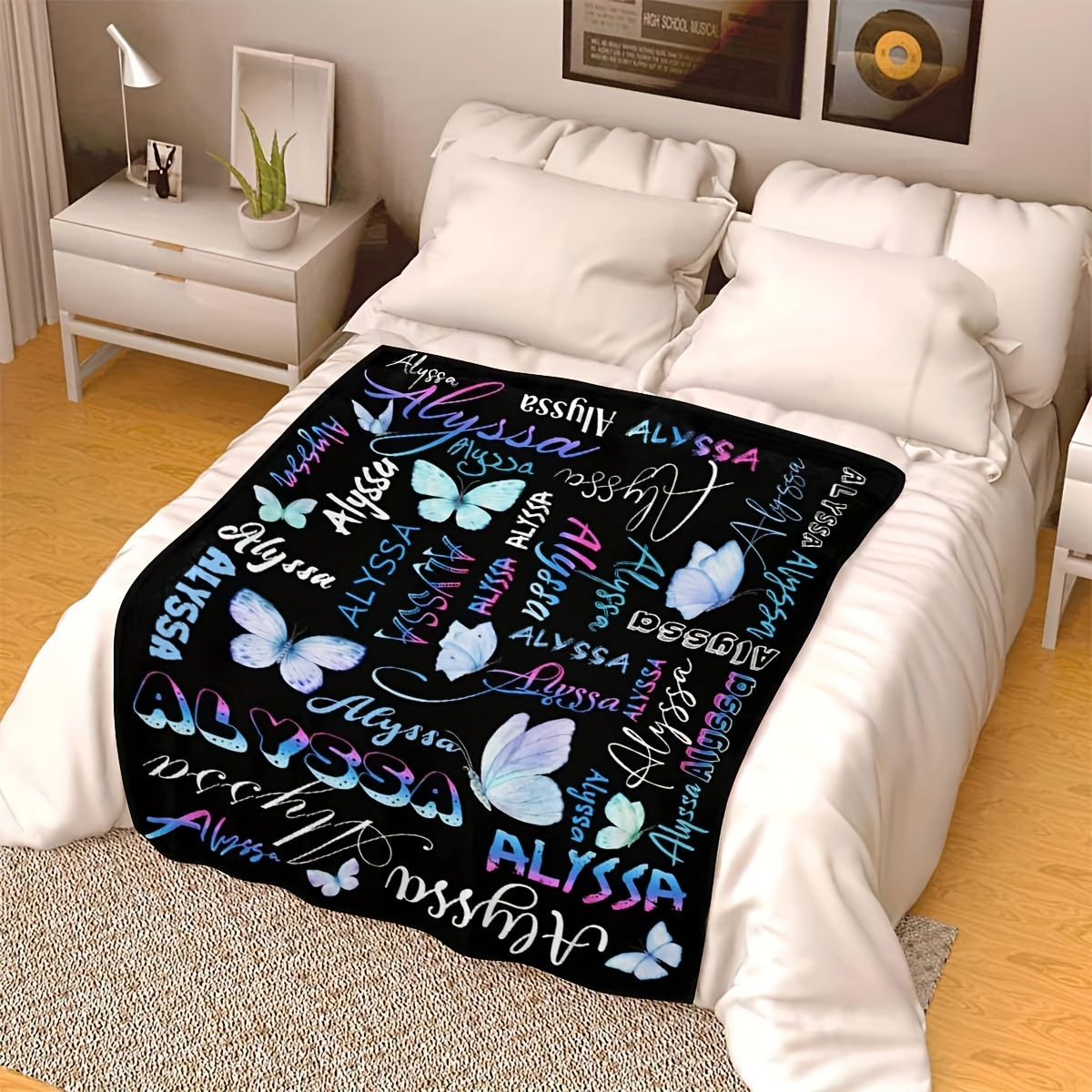 Alyssa Butterfly Flannel Throw Blanket: Customizable Design, All-Season Hypoallergenic Bedding, Machine Washable, Digital Print, Versatile for Living Room, Office, or Pet - 1pc Polyester Blanket