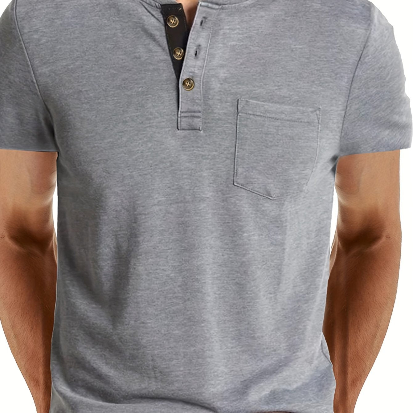 Men's Classic Blue Henley Shirt with Comfortable Fit, Casual Short Sleeve, Chest Pocket, Round Neck, Machine Washable - Ideal for Casual Attire.