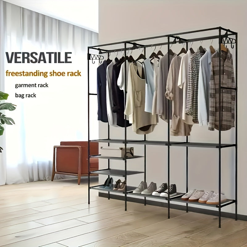 Metal storage cabinet with hooks, 3-tier organizer for coats, shoes, and accessories. Perfect for bedroom, hallway, and living room. Requires no electricity or battery.