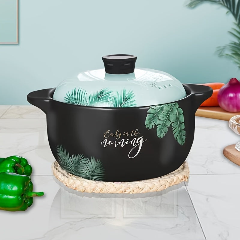 Banana Leaf Design Ceramic Casserole - 67.62oz, High-Temperature Resistant, Induction Compatible, Large Capacity for Soups & Stews - Ideal for Home Cooking, Restaurants, and Outdoor Events.