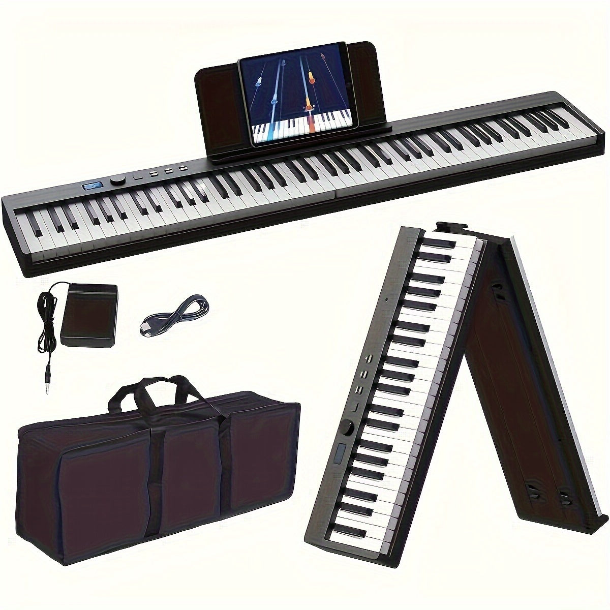 88-Key Electronic Piano in black with 128 rhythms, 128 sounds, and 20 demonstration songs. Portable and suitable for beginners, it fits standard piano size and features LED display. Can be