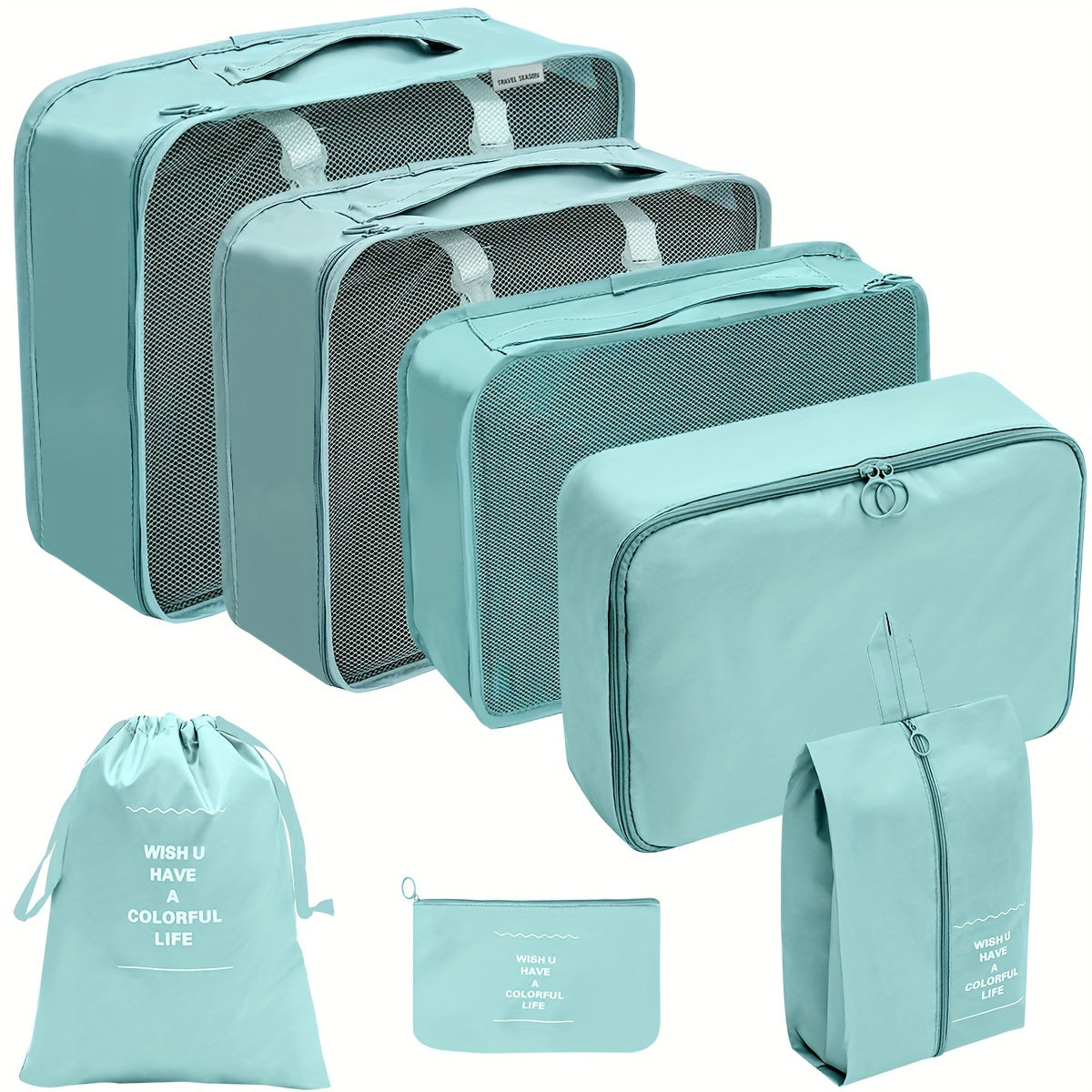 7 lightweight packing cubes for suitcases, ideal for organizing travel items and clothing for men and women.