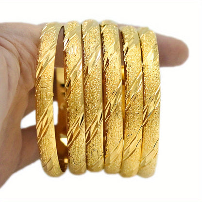 6 pieces of Bohemian Luxurious 24K Golden Plated Copper Bangle Set featuring 8mm African Ethiopian Hand Bracelets. This unisex Wedding Gift Jewelry is perfect for women and can be worn as a stunning accessory for parties and Lunar New Year celebrations.