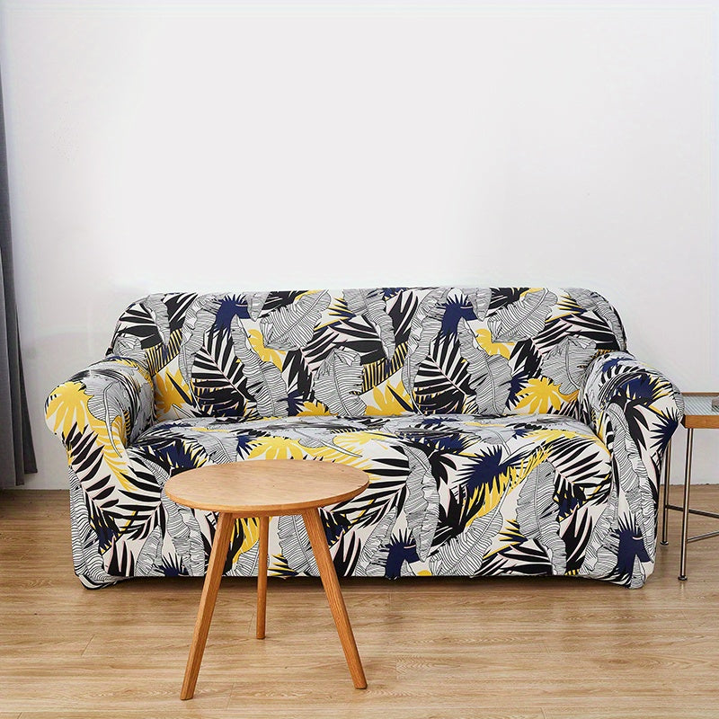 Modern printed sofa slipcover with elastic closure, made of 95% polyester and 5% spandex. Machine washable with active printing and stitched craftsmanship. Fits armchairs to sectional sofas, weighing 100-120gsm fabric.