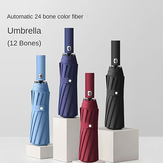 24-Rib Folding Umbrella: UV Protection, Windproof, Waterproof - Stylish Black Vinyl for All Weather