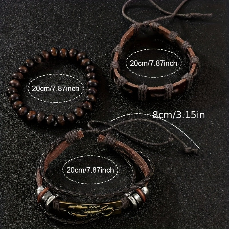 4pcs Men's Quartz Watch Set with brown faux leather strap, alloy case, calendar function, non-rechargeable battery, and matching bracelets. Ideal gift for men.