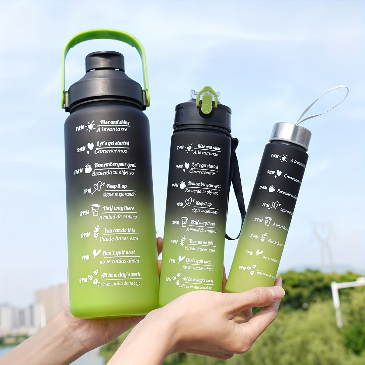 Motivational water bottle set for outdoor activities and fitness; ideal for camping, hiking, and birthday gifts.