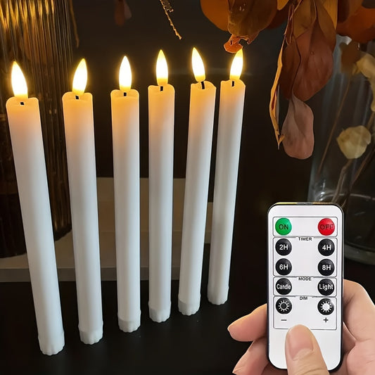 Six modern LED taper candles with flickering flame effect, remote control, timer, adjustable lighting, and battery-operated. Suitable for any room, batteries not included.