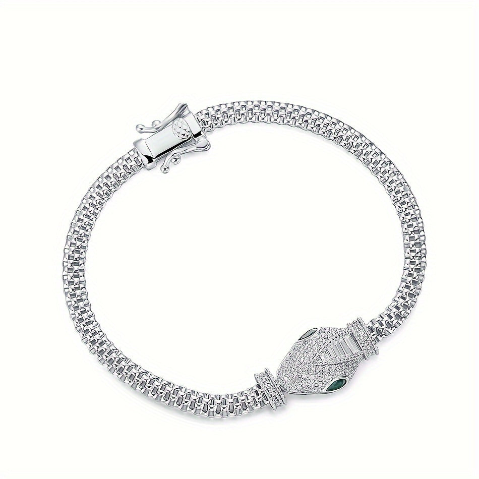 Snake Bracelet made of WES 925 Sterling Silver, Rhodium Plated for a Hip Hop Luxury Style adorned with Synthetic Zirconia Stones. This Animal Theme Jewelry is perfect for Daily and Party Wear in All Seasons.