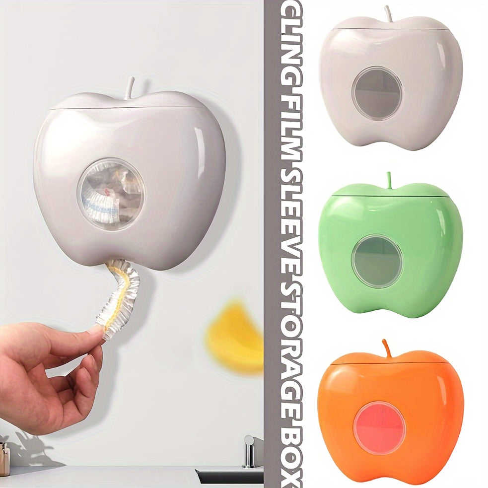 Wall-mounted plastic bag holder in the shape of an apple, perfect for storing disposable food covers. Keep your kitchen and bathroom accessories organized with this elastic fresh-keeping bag organizer. This item is designed for non-food contact.