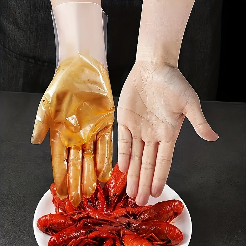 100 pieces of TPE disposable gloves, ideal for food safety, household cleaning, and various tasks like kitchen baking, beauty, hair care, and pet care. These transparent gloves are powder and latex-free, making them suitable for use in restaurants