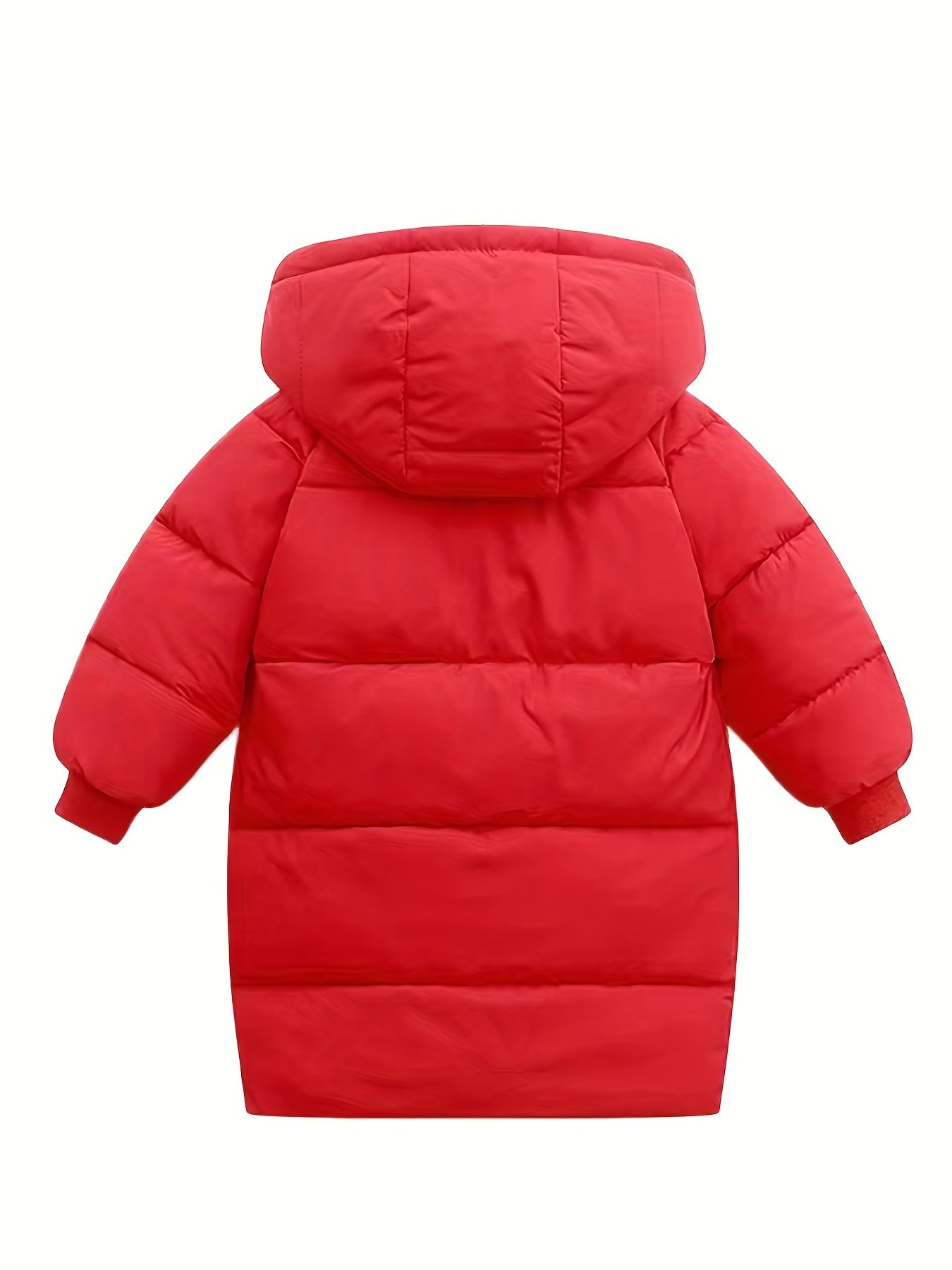 Unisex mid-length hooded padded coat with solid color polyester outerwear, crew neck, long sleeves, and zipper details. Ideal for fall/winter, perfect gift for kids.