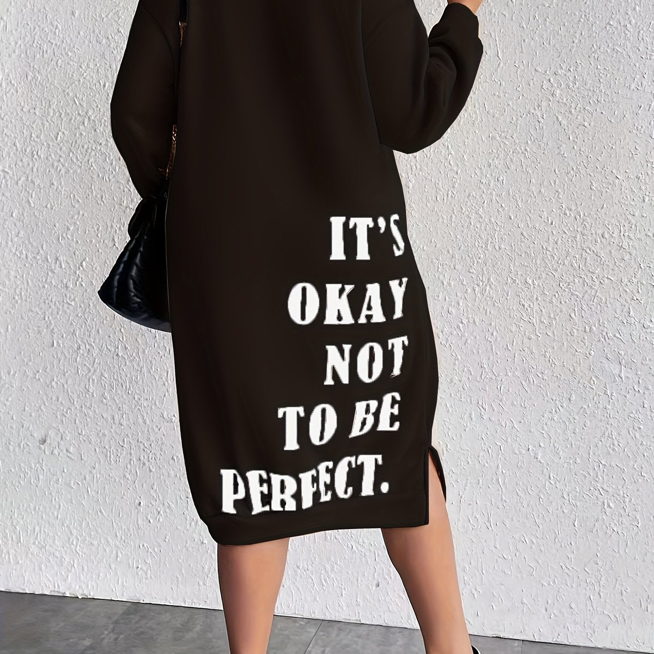 Plus Size Women's Slogan Print Casual Sweatshirt Dress with Long Sleeves and Side Split