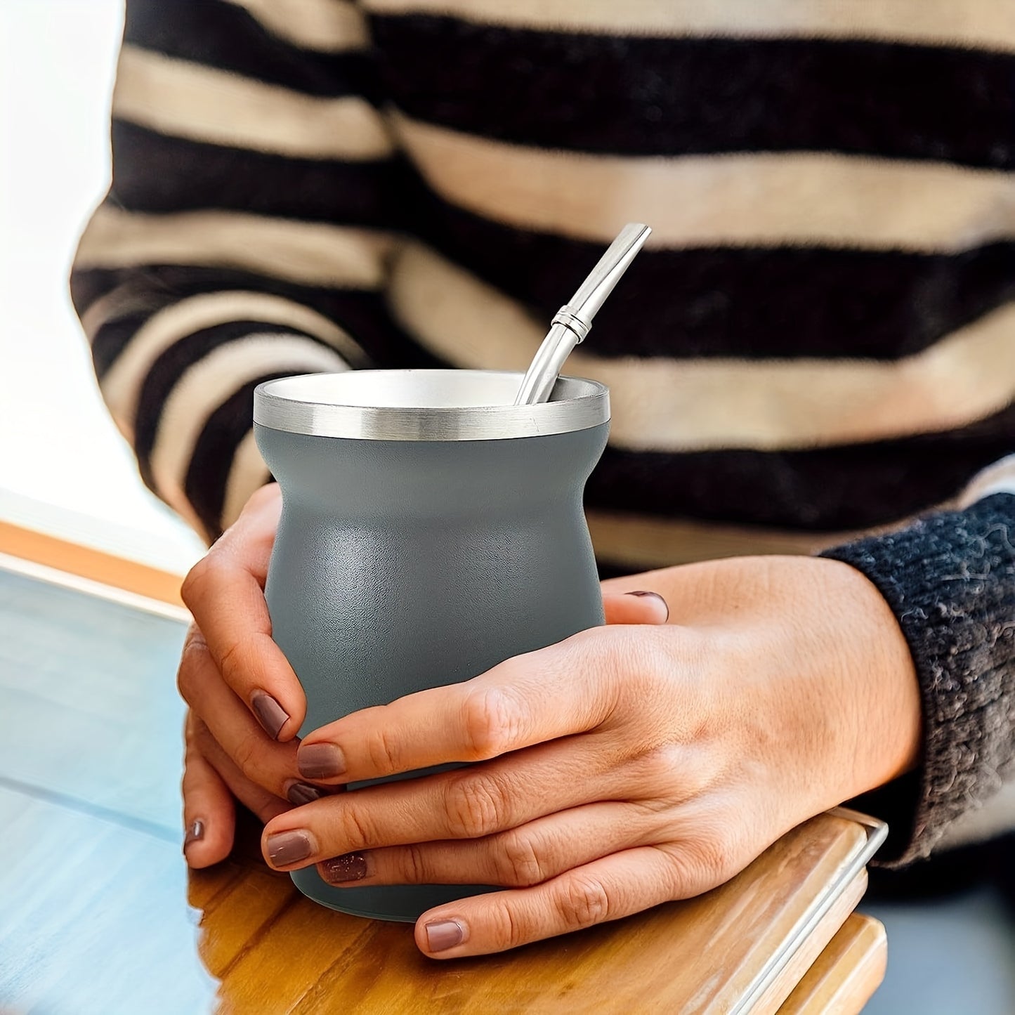 8oz Stainless Steel Yerba Mate Gourd Cup Set with Wooden Handle - Double-Walled Insulation, Includes Straw & Cleaning Brush, Dishwasher Safe, BPA-Free, Perfect for Argentinean Tea Lovers