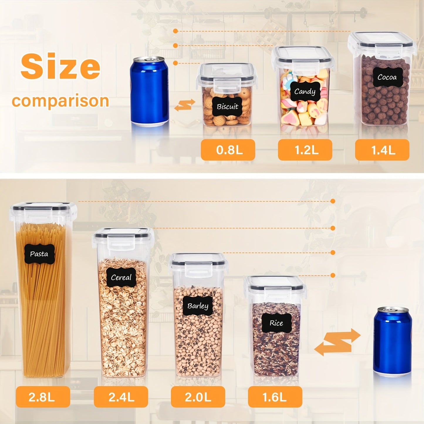 24 pieces of airtight food storage containers complete with lids are perfect for organizing your pantry and kitchen. Made of durable plastic, these canisters are ideal for storing cereal, dry food, flour, and sugar. They are BPA free and come with labels