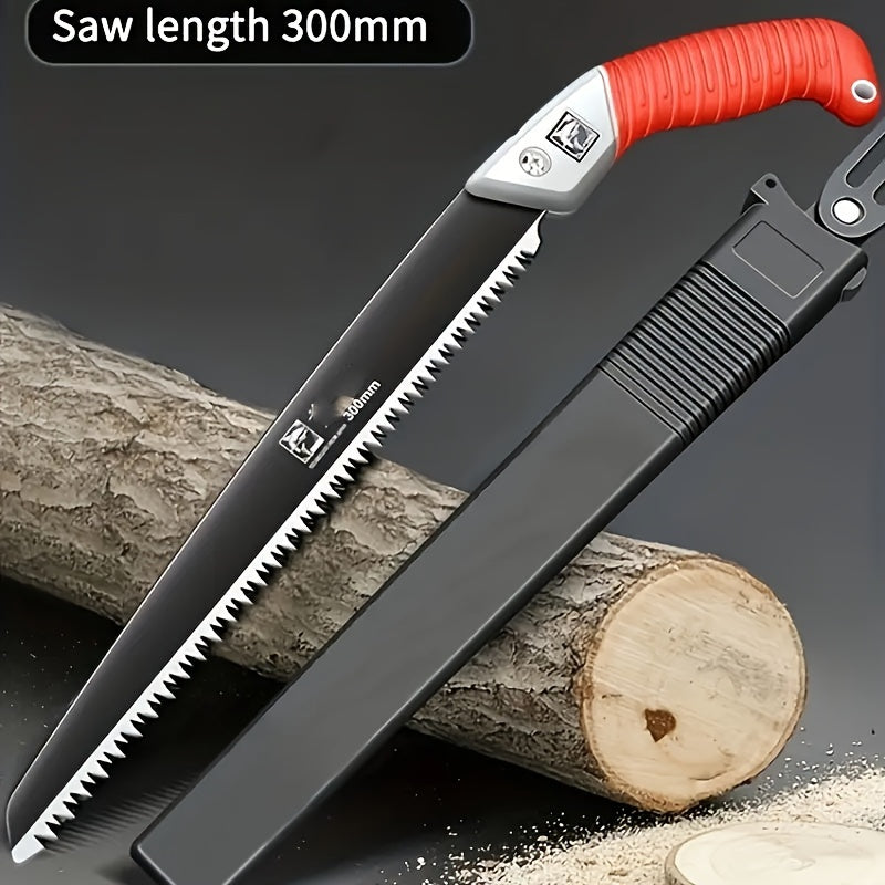 Compact manual hand saw for trees and garden, made of carbon steel for outdoor woodworking and pruning. Includes protective case, suitable for home and outdoor use. Ideal for garden tools