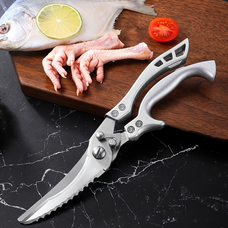 One piece of heavy-duty stainless steel kitchen scissors with automatic spring back for easily cutting through chicken bones. Features a durable aluminum handle for added strength. Perfect for various kitchen tasks and comes with kitchen utensils