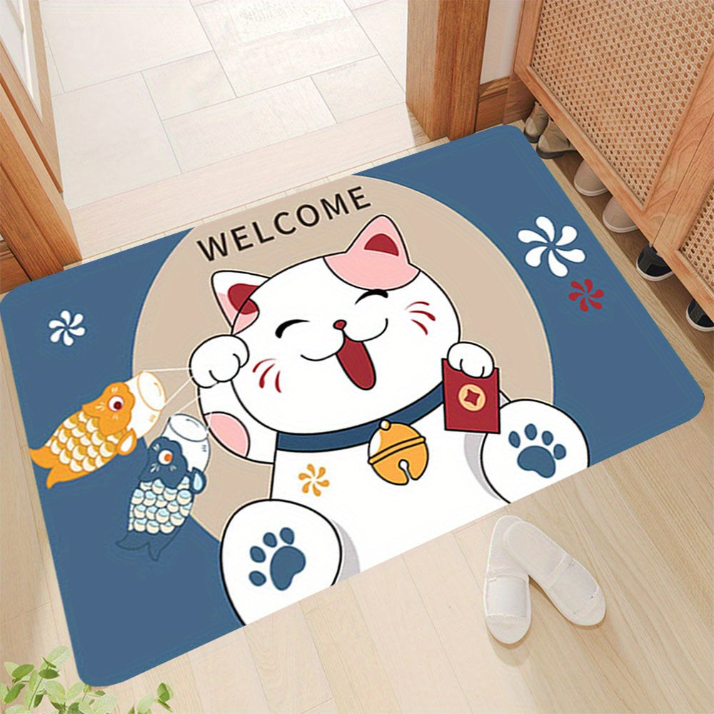 Soft thickened area rug with a Fortune Cat design, providing anti-fatigue comfort and shaggy style for your floors. This home decor essential is machine washable and non-slip, making it perfect for your entrance, living room, bedroom, game room