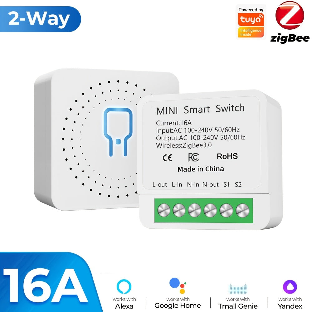 2-Way Mini WiFi Smart Power Switch, 16A, ZigBee, Tuya Smart Life App, Voice Control with Alexa & Google Home, Non-Waterproof, App-Controlled, Flush Mount for Electronics and Audio Systems -