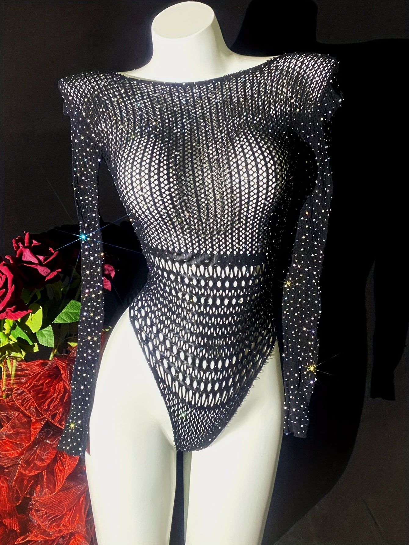 Sexy rhinestone Valentine's Day bodysuit with long sleeves, hollow out design, perfect for music festivals and swimwear. No underwear included.