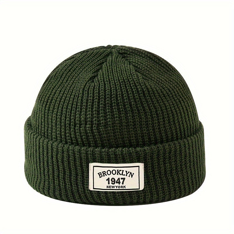 Knitted beanie for men - warm and elastic winter hat with letter patch, perfect for active leisure and holiday gifting, including Valentine's Day.