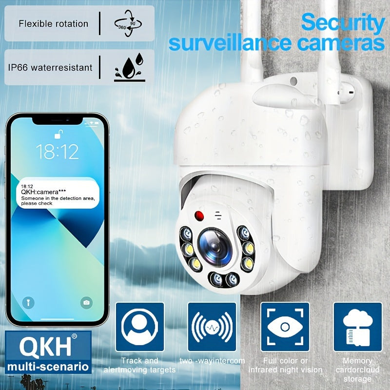 QKH Outdoor WiFi Security Camera with PTZ, Auto Tracking, Full Color Night Vision, AI Motion Detection, Two-Way Intercom, USB Powered, 2.4GHz Wireless - Ideal for Home Surveillance.