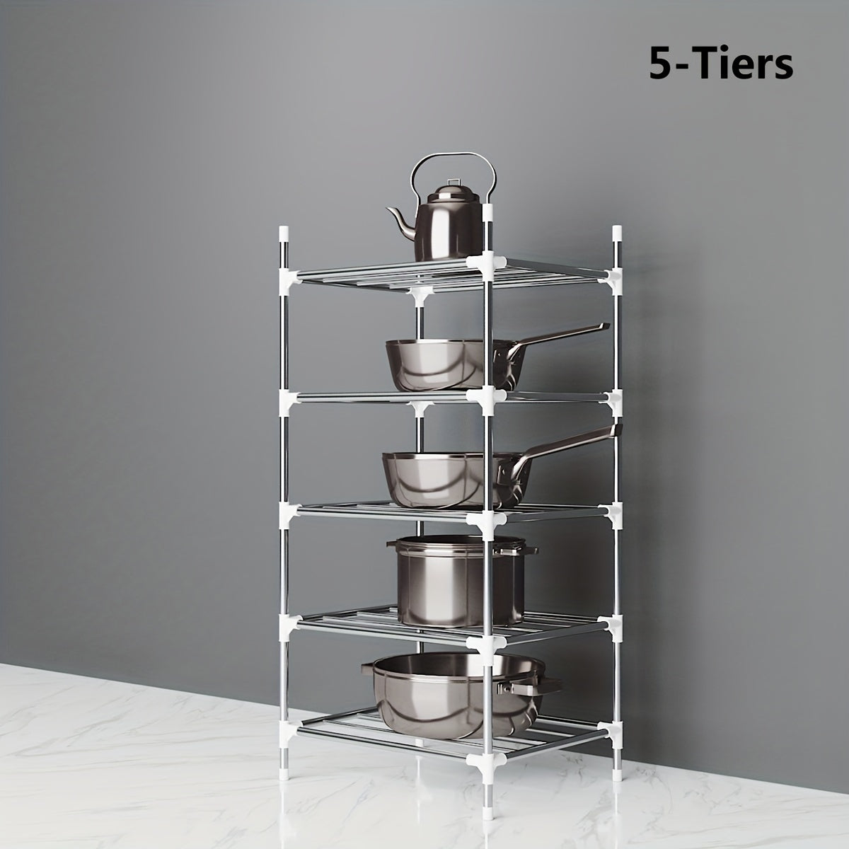 Multi-tier stainless steel storage shelf, ideal for organizing kitchen, bathroom, balcony, and rest room. Perfect for storing cookware, tableware, oven, microwave oven, and basin.