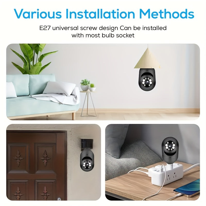 Get your hands on the 1PC 1080P Light Bulb Security Camera, perfect for home wifi security. With night vision and 355-degree pan/tilt panoramic views, this surveillance camera also supports two-way audio. Makes a great gift for Christmas, Halloween, or