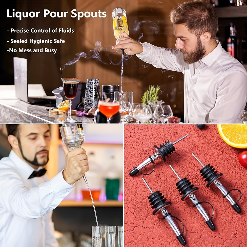 Stainless steel pourer sets with rubber dust caps, bar accessories