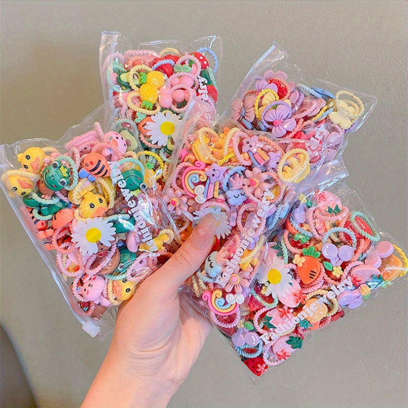 20-pack of adorable flower hair ties for women and girls, featuring fruit and animal details, made from plastic material, versatile for various hairstyles.