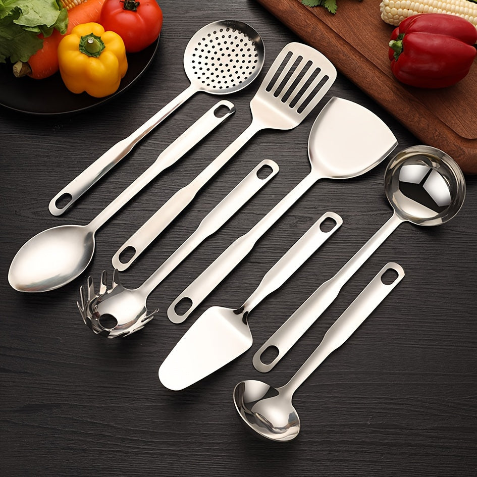 A set of 8 stainless steel kitchen utensils with comfortable grip handles - Dishwasher safe and silver in color.