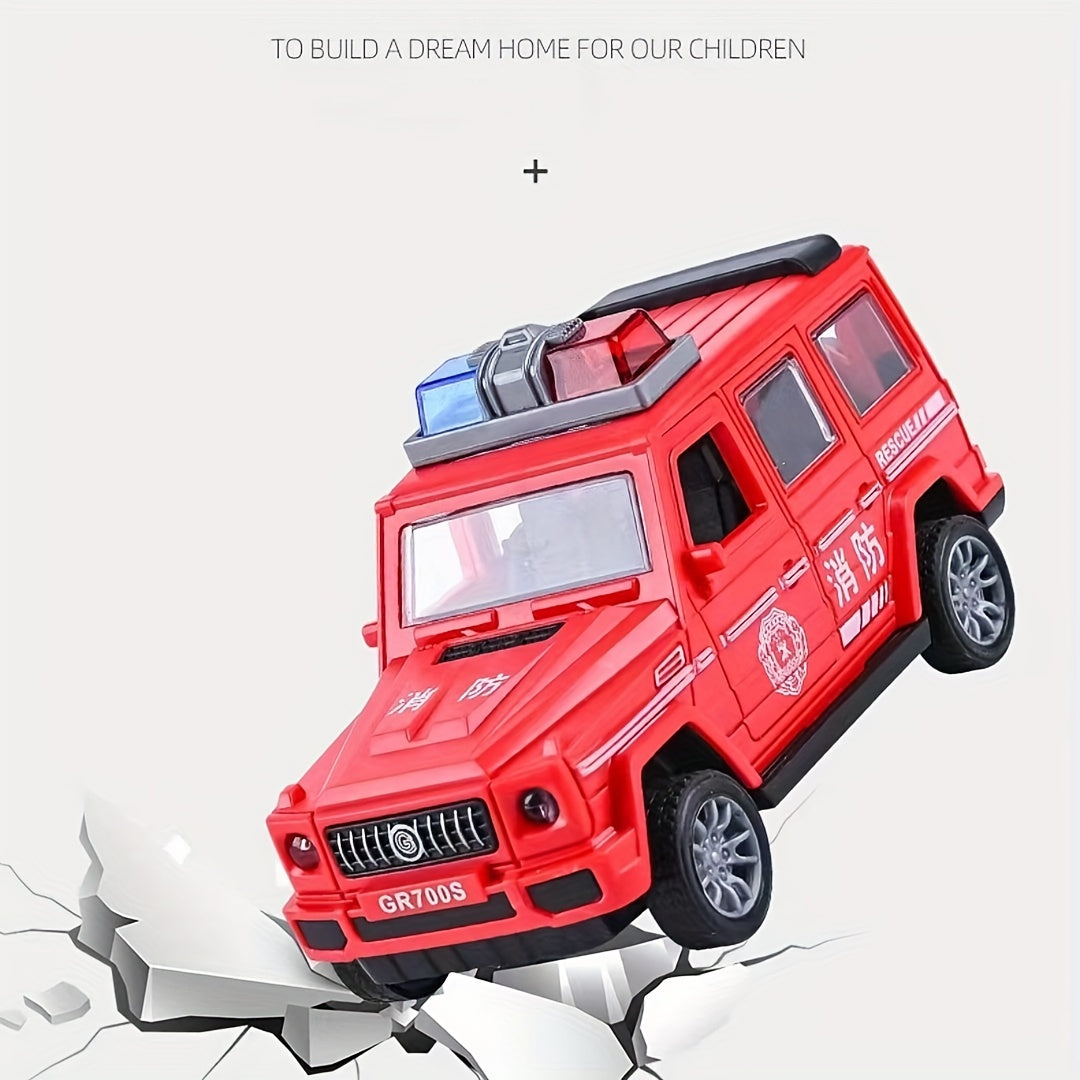 Durable toy cars with openable doors, police car, fire truck, and off-road models.