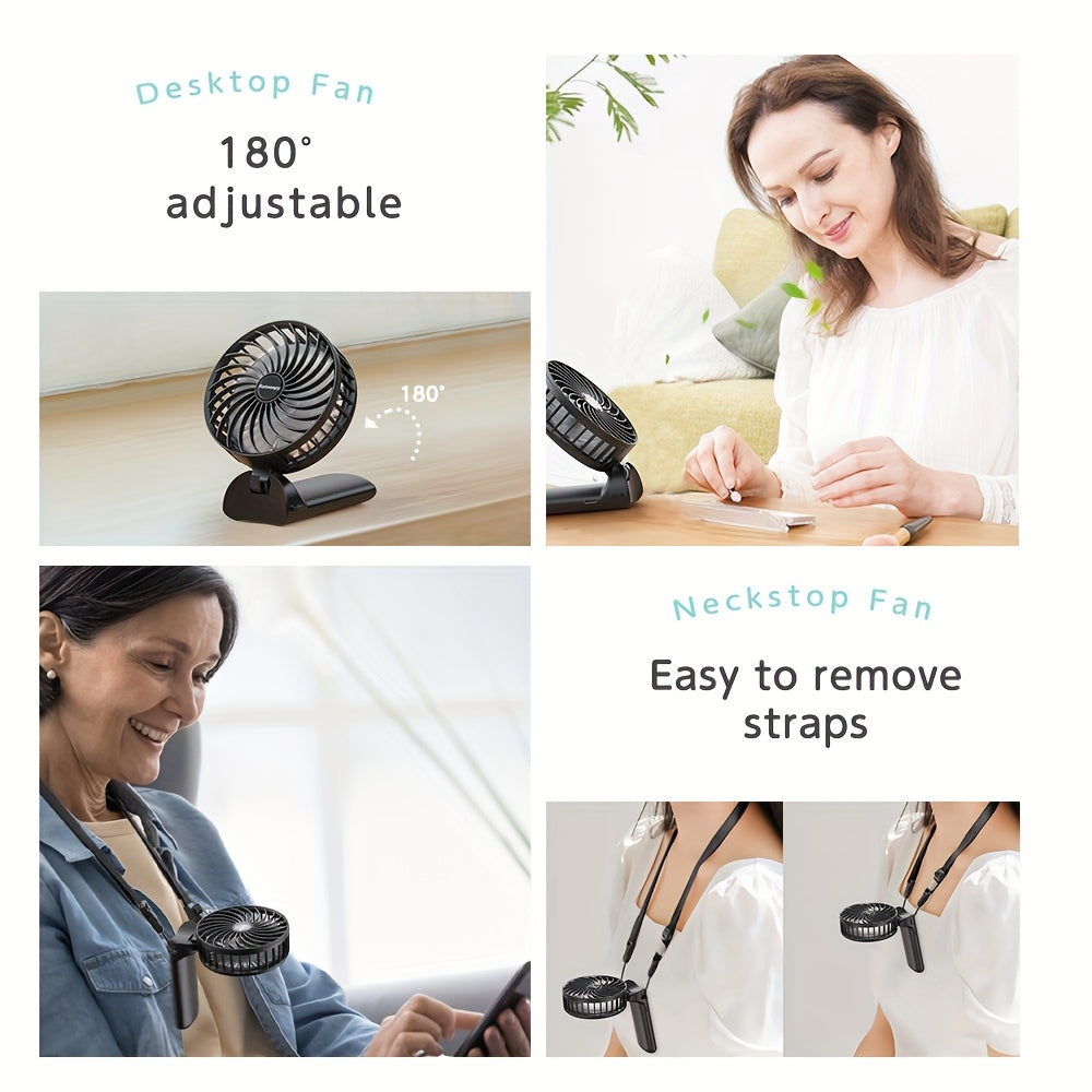 Handheld Fan with 180° Foldable Stand and Wearable Neck Strap, USB Rechargeable, 7-Blade Design, 4-Speed Adjustable, High-Velocity Cooling, 2000mAh Lithium Battery, Button Controls, Sleek Plastic Finish for Indoor and Outdoor Use.