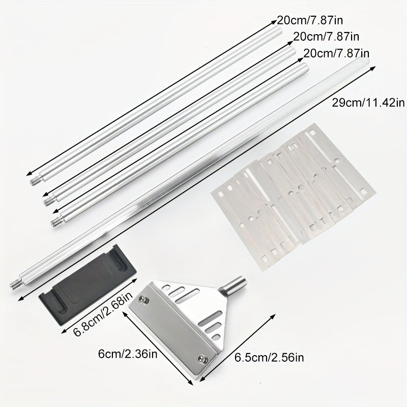 Algae scraper set for glass aquariums includes brush and net, made of durable stainless steel/aluminum alloy in various sizes.