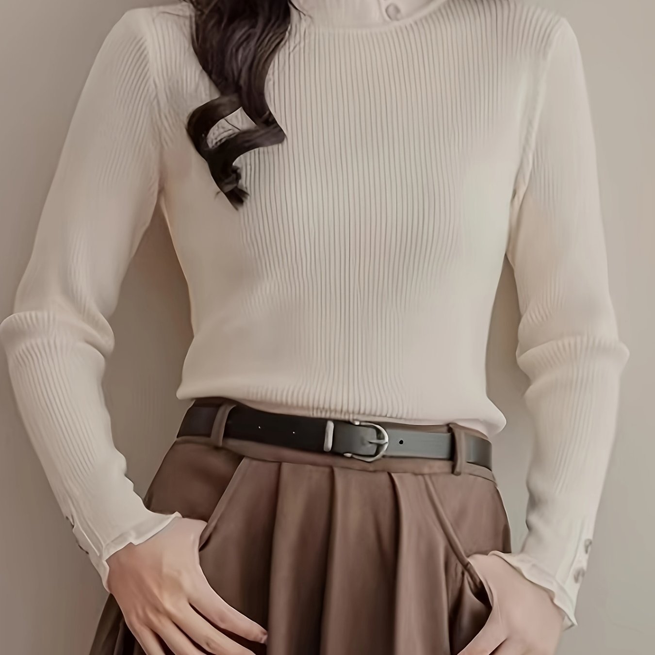 Women's elegant high neck knit top with contrast lace detail, 100% polyester skinny fit sweater for spring/fall.