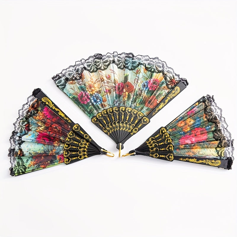 Set of 12 Black Lace-Trimmed Hand Fans, Retro Floral Folding Fans, Chinese-Inspired Folding Fans for Women, Dance Shows, and Photo Shoots