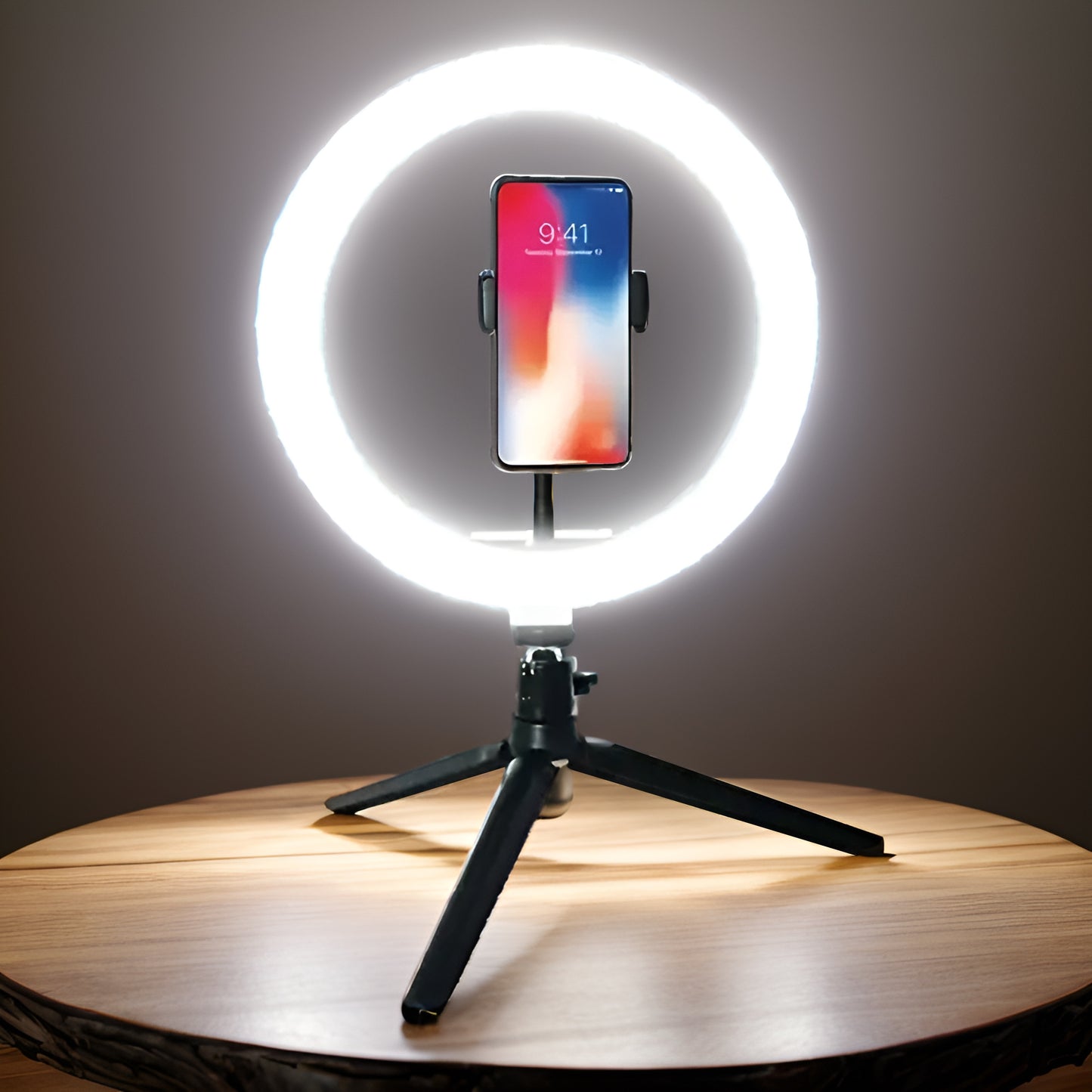 1 LED Ring Light with tripod and phone holder, dimmable and USB-powered. Ideal for YouTube videos, photography, selfies, vlogs, makeup, and live streaming. Portable.