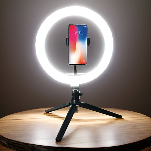 1 LED halqa chirog'i, tripod va telefon ushlagichi bilan, dimmable va USB quvvatlanadi. YouTube videolari, fotografiya, selfies, vloglar, makiyaj va jonli efirlar uchun ideal. Portativ.