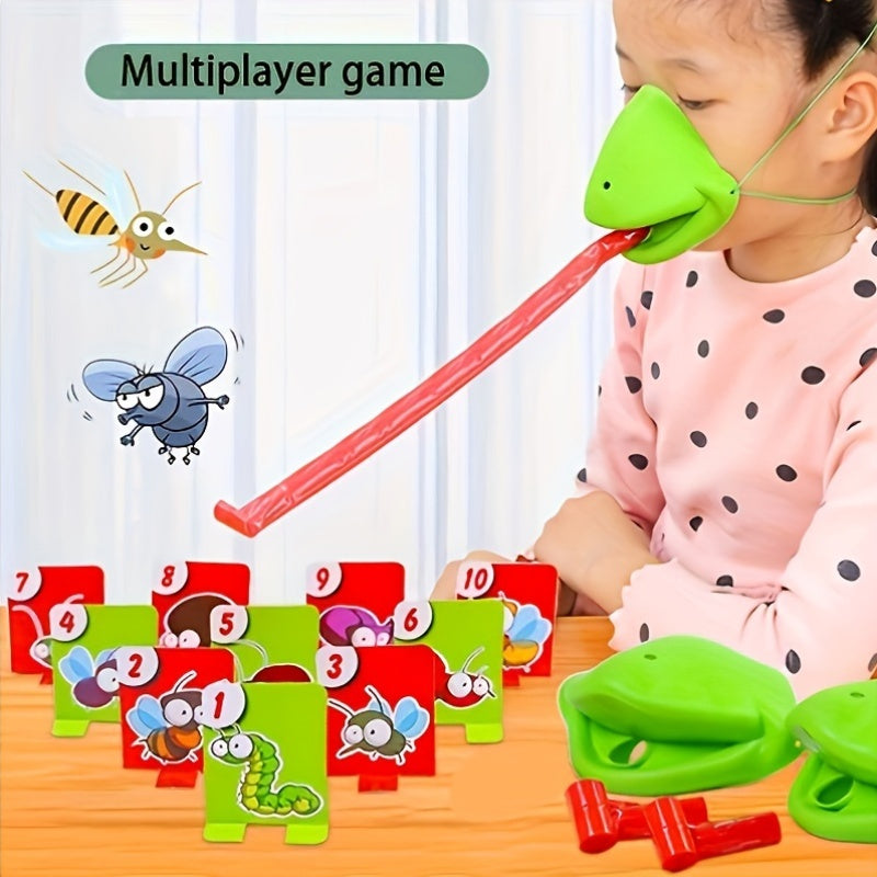 Interactive frog tongue-action game set for kids aged 3-6 includes masks, tongues, target sheets, and numbered tiles. Educational board game made of plastic for 2-4 players.