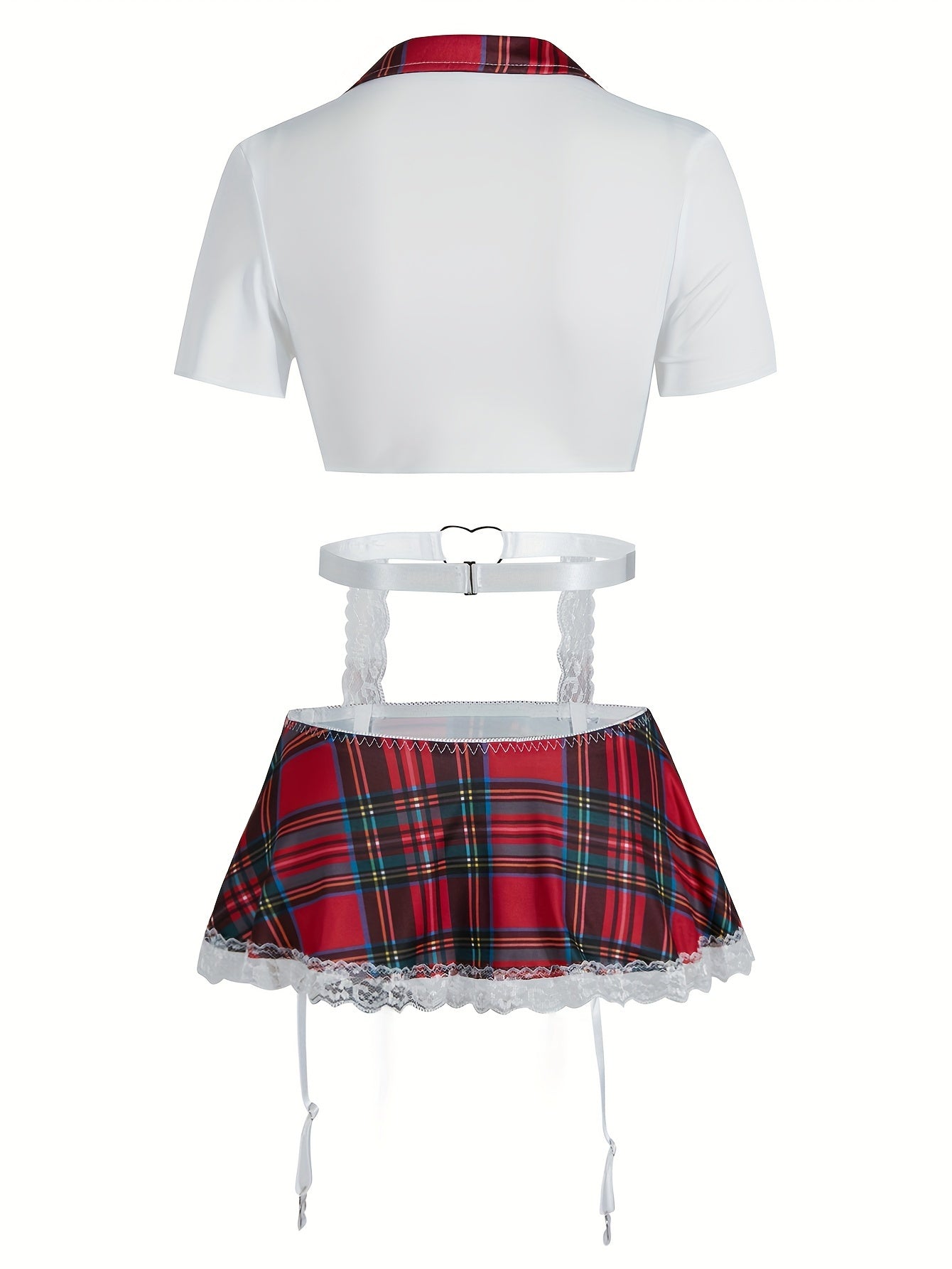 Sexy preppy cosplay costume set includes crop top, skirt, thong, garter belt, and stockings