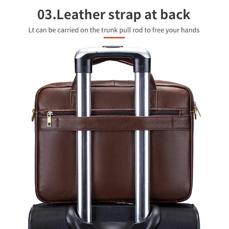 Brown leather briefcase with multiple compartments, adjustable shoulder strap, suitable for travel and professional activities.