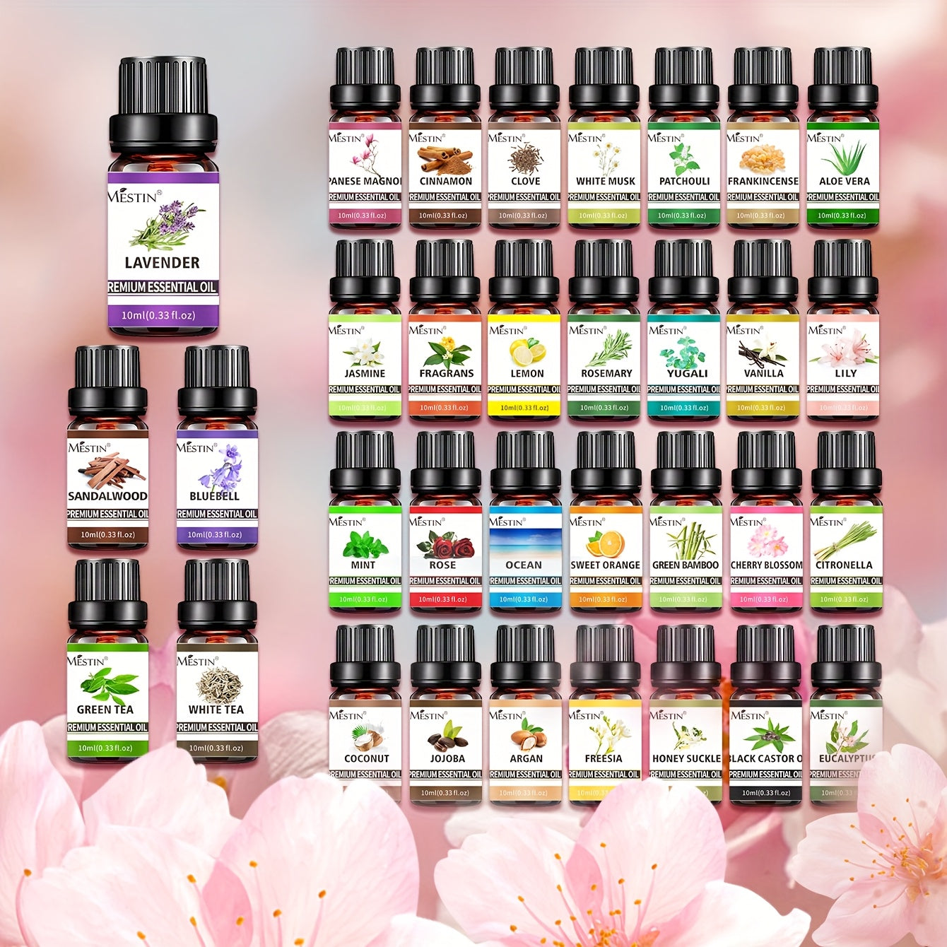 [Mestin New Upgraded High-Quality Essential Oil] 100% Pure Plant Material, High Concentration, 33 Flavors, Multi-Purpose for Skin, Hair, Diffuser, Spa, Massage, and DIY