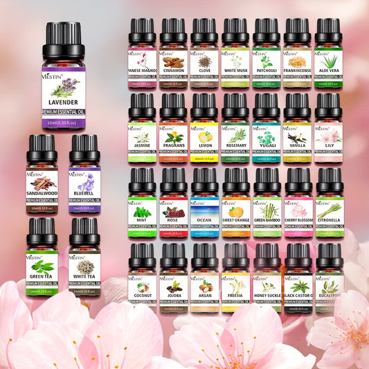 [Mestin New Upgraded High-Quality Essential Oil] 100% Pure Plant Material, High Concentration, 33 Flavors, Multi-Purpose for Skin, Hair, Diffuser, Spa, Massage, and DIY