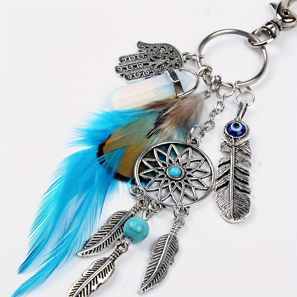 Black Metal Feather & Tassel Charm Boho Dream Catcher Keychain for Bags and Keys - Ideal Valentine's Day Present, Bag Accessory, or Car Pendant