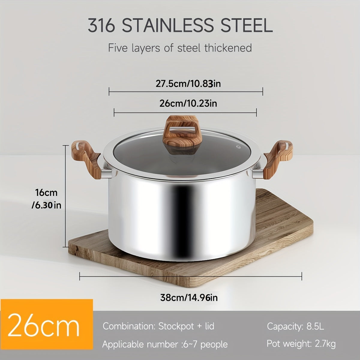 Five-layer composite steel pot for the kitchen, made of thickened food-grade 316 stainless steel. Non-stick and induction cooktop compatible. Features a deep soup pot and thickened steamer with 304 stainless steel lid. Ideal for cooking noodles